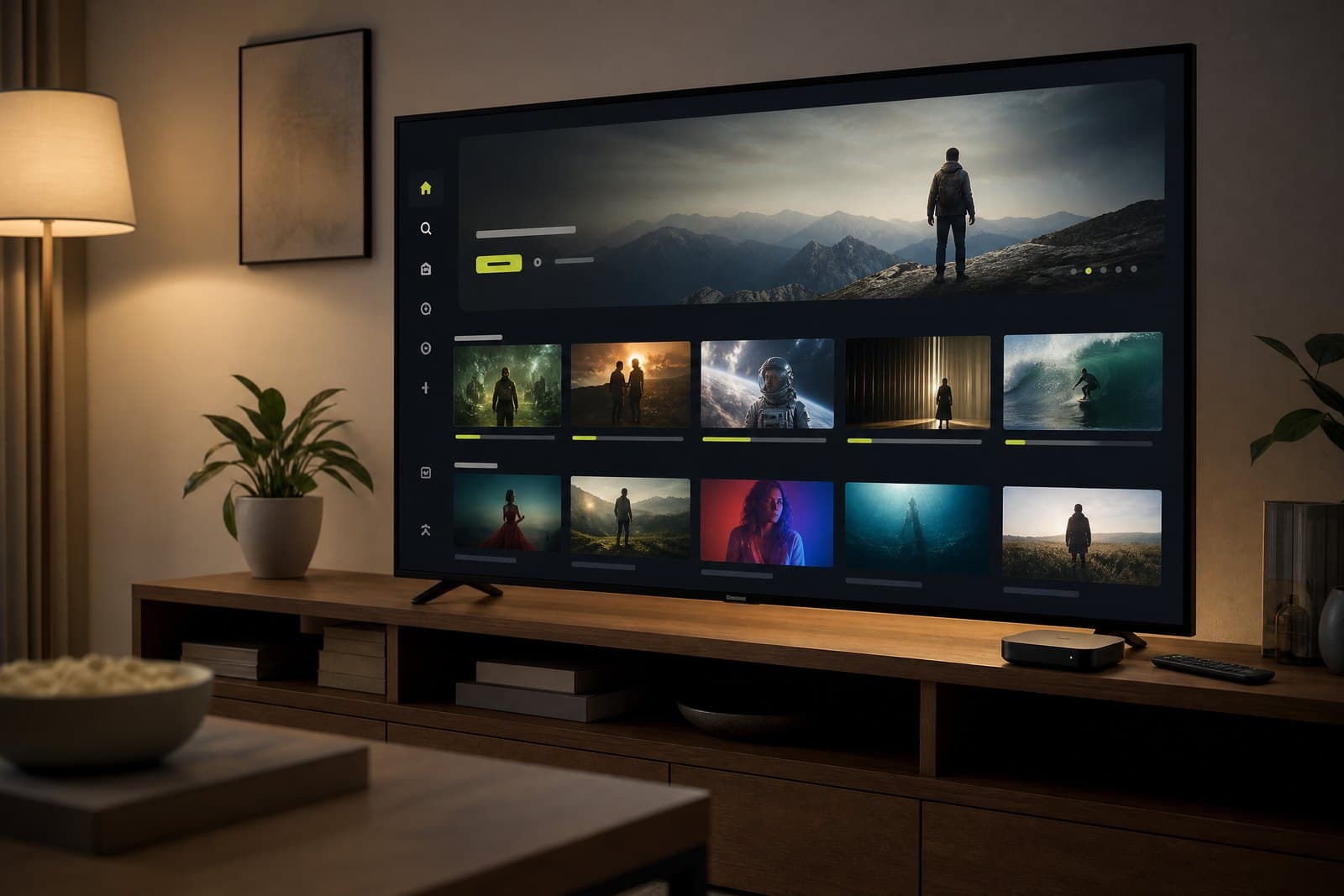 Television displaying an unbranded lawful streaming catalog interface.