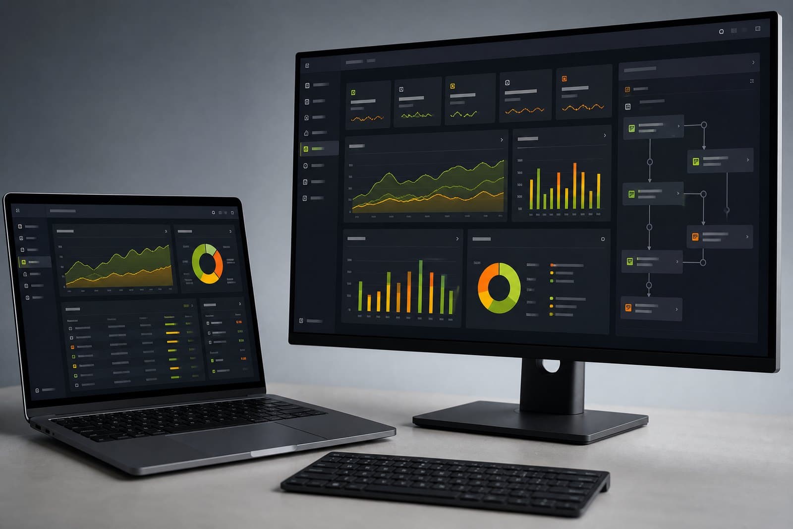 Software analytics dashboard on a laptop and monitor.